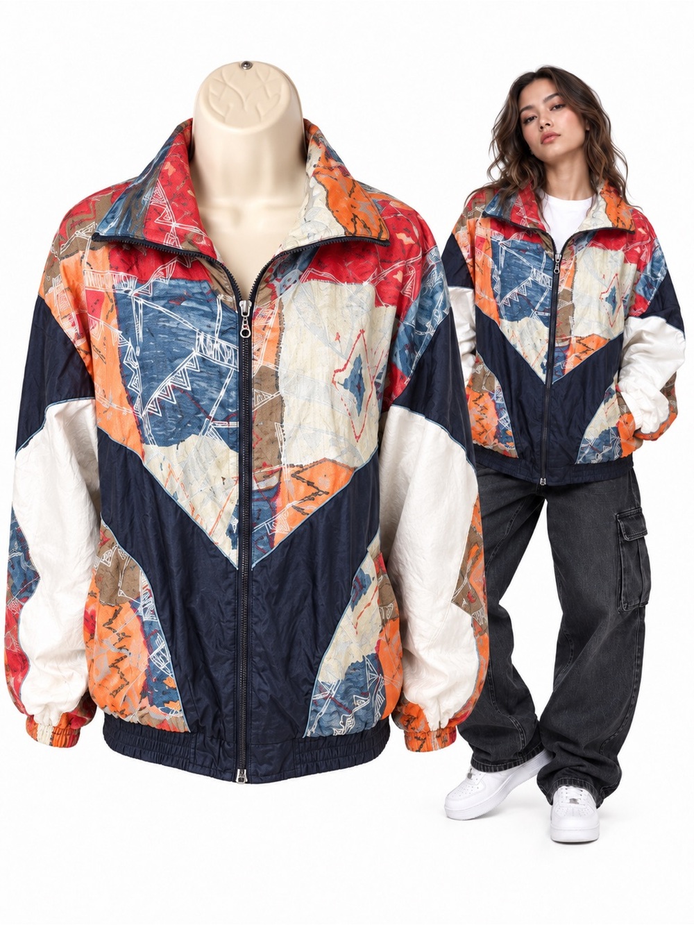 Vintage East West 80s 90s Colorblock Geometric Windbreaker Jacket Large Retro